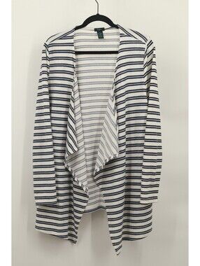 rue+ Cardigan Women’s 1X Plus Size Blue White Striped Open Front Drape Neck